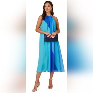 Adrianna Papell Color blocked Chain Halter Dress NWT Size 12 Blue
